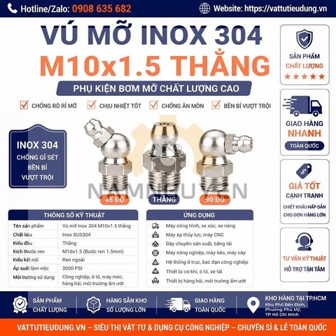 Vú Mỡ Inox 304 M10x1.5 Thẳng