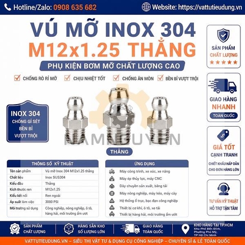 Vú Mỡ Inox 304 M12x1.25 Thẳng