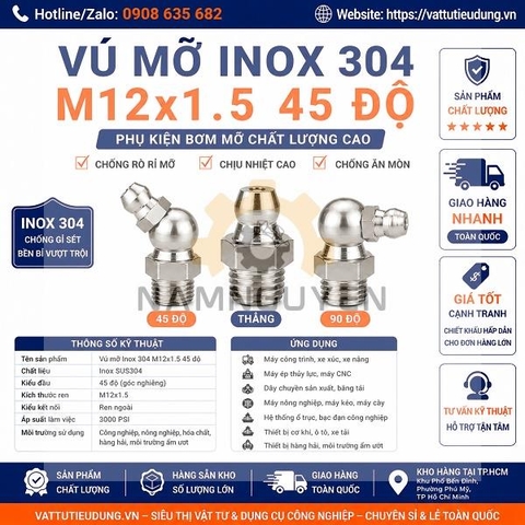 Vú Mỡ Inox 304 M12x1.5 45 Độ