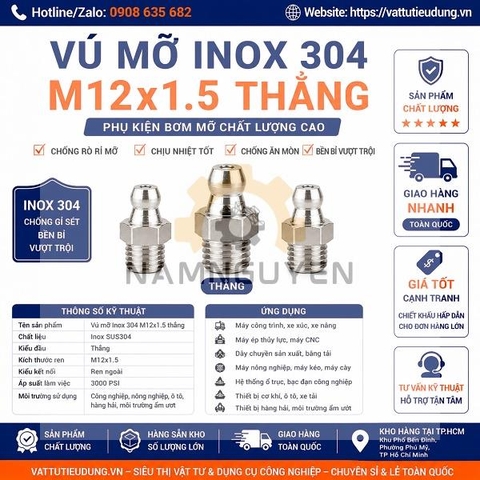 Vú Mỡ Inox 304 M12x1.5 Thẳng