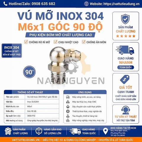 Vú Mỡ Inox 304 M6x1 Góc 90 Độ