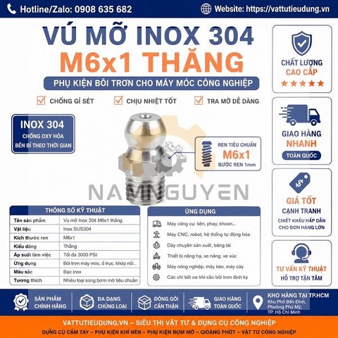 Vú Mỡ Inox 304 M6x1 Thẳng