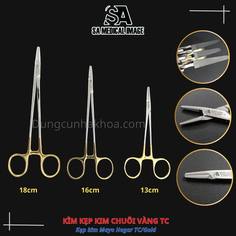 KÌM KẸP KIM CHUÔI VÀNG 13cm, 16cm, 18cm (Kẹp kim Mayo Hegar TC/Gold) - Kìm mang kim (Needle Holder)