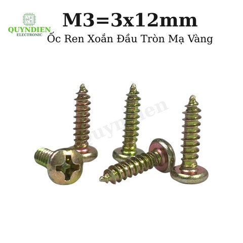 Ốc Vít Nhọn M3x12mm Đầu Tròn Ren Xoắn Mạ Vàng