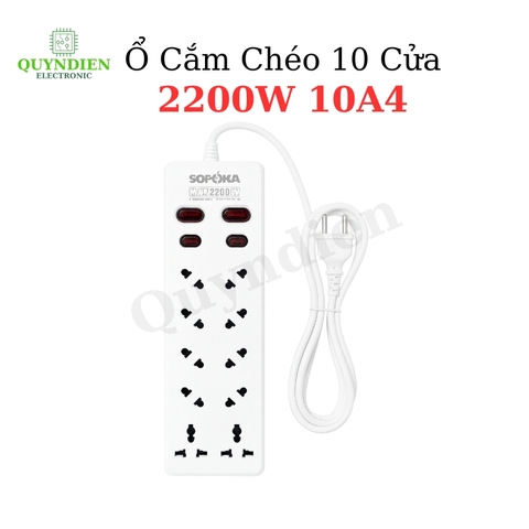 Ổ Cắm Chéo 10 Cửa 2200W 10A4 2 Nút Nguồn Siêu Bền Chống Cháy Chịu Nhiệt