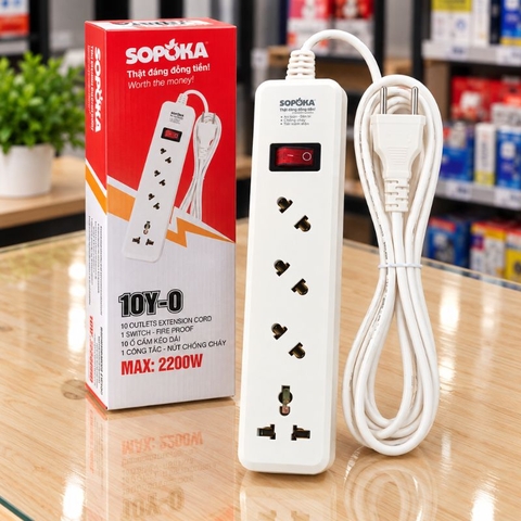 Ổ Cắm Lõi Sứ Chống Cháy 4 Cửa Chéo Con Tắc 2200W Kèm Dây