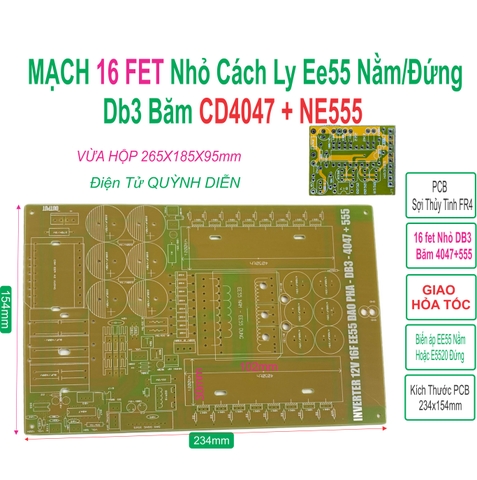 PCB bo mạch kích điện 16 fet Cách Ly Băm DB3 Nhịp CD4047 + NE555 Phíp FR4 (kèm Dao Động)