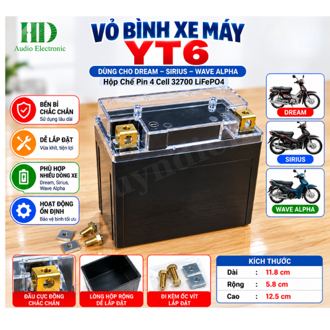 Vỏ Bình Xe Máy YT6 Cọc Vuông Nắp Trong, Dùng Cho Dream Wave Alpha Sirius