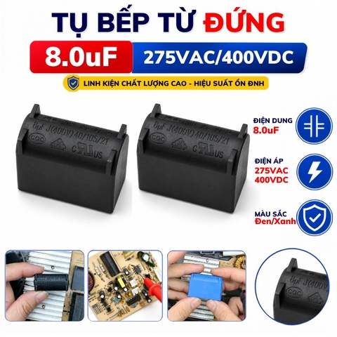Tụ Bếp Từ 8uF 275VAC/400VDC Màu Đen Loại Đứng