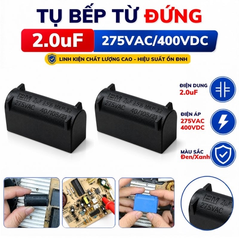 Tụ Bếp Từ 2uF 275VAC/400VDC Màu Đen Đứng