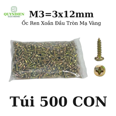 Ốc Vít Nhọn M3x12mm Đầu Tròn Ren Xoắn Mạ Vàng - 500 Con