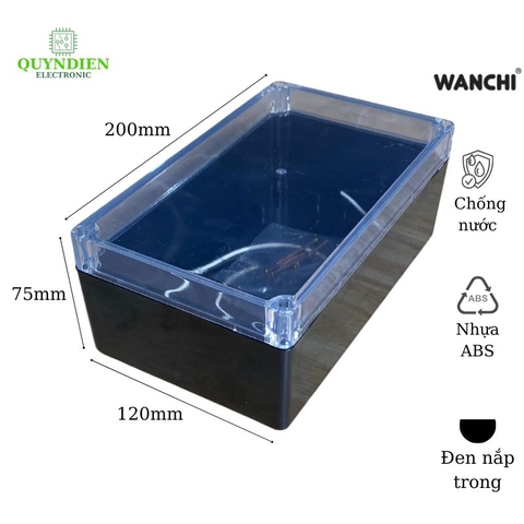 Hộp Nhựa chống nước ABS 200x120x75mm Wanchi, màu đen nắp trong