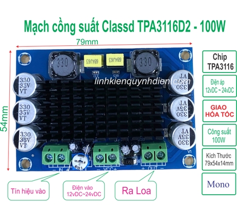 Mạch khuếch đại công suất TPA3116D2 Mono Công suất 100W Class D Sử dụng nguồn 12-24VDC