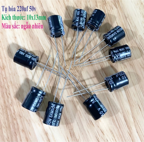 Tụ hóa 220uf 50v màu ngẫu nhiên (túi 10 con) 10x13mm