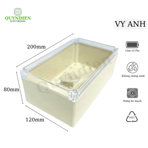 Hộp nhựa ABS điện tử 200x120x80mm màu Trắng nắp Trong Vy Anh