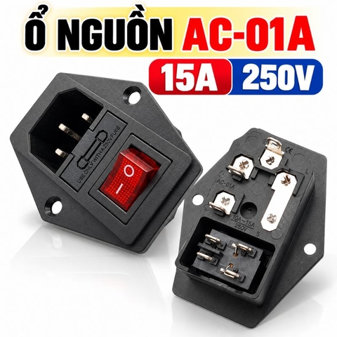 Ổ Jack Cắm Nguồn AC-01V 250V-10A Tích Hợp Công tắc Cầu Chì
