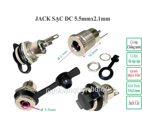 Jack, Giắc sạc DC 5.5x2.1mm kim loại có ron chống nước