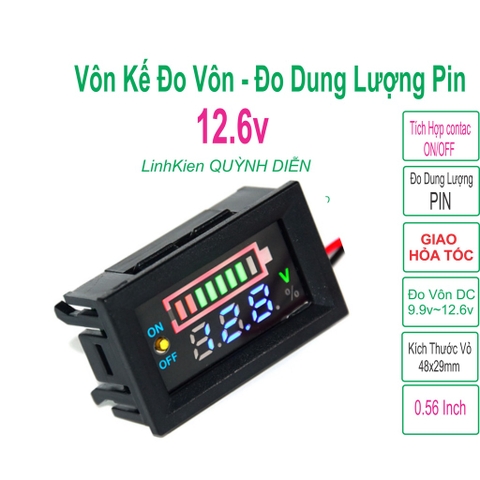 Vôn kế đo điện áp ắc quy ON/OFF 12V6 hiển thị dung lượng pin màn hình led volt kế 0.56 inch