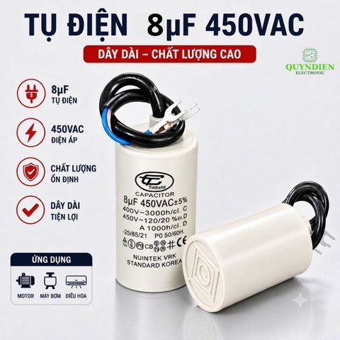Tụ Đề Máy Bơm Nước 8uF 450VAC Tinh Chi