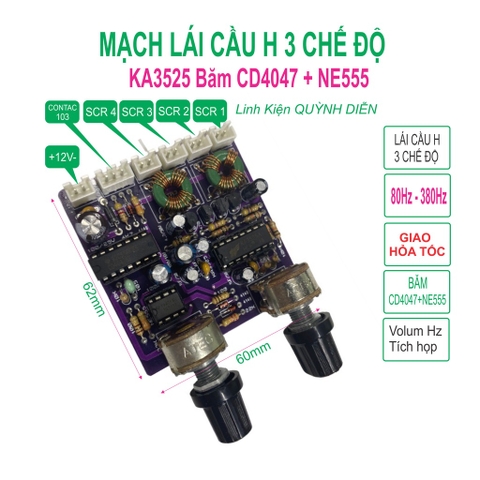 Bo Điều Khiển lái cầu H chạy KA3525 nhịp CD4047+NE555 chỉnh DUTY- mạch lái băm cầu H