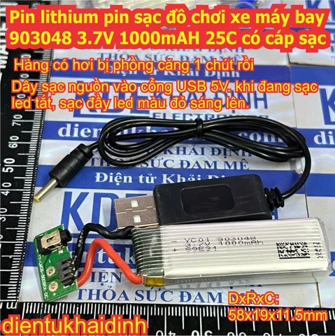 Pin lithium pin sạc đồ chơi xe máy bay 903048 25g 3.7V 1000mAH 25C có cáp sạc kde0853