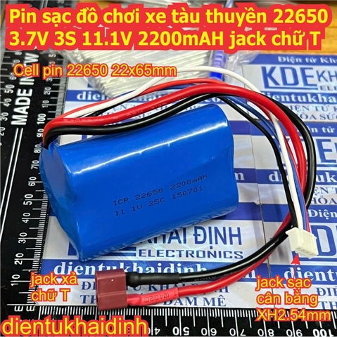 Pin sạc đồ chơi xe tàu thuyền 22650 3.7V 3S 11.1V 2200mAH jack chữ T kde0854