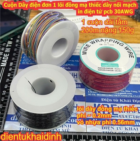 Cuộn Dây điện đơn 1 lõi đồng mạ thiếc dây nối mạch in điện tử pcb 30AWG màu đen đỏ, đủ màu kde0700