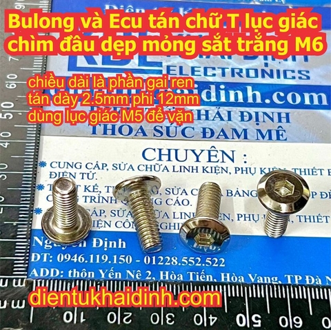 Bulong và Ecu tán chữ T lục giác chìm đầu dẹp mỏng sắt trắng M6x10mm~ M6x120 kde0496