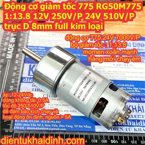 Động cơ giảm tốc 775 RG50M775 1:13.8 12V 250V/P 24V 510V/P trục D 8mm full kim loại kde1010