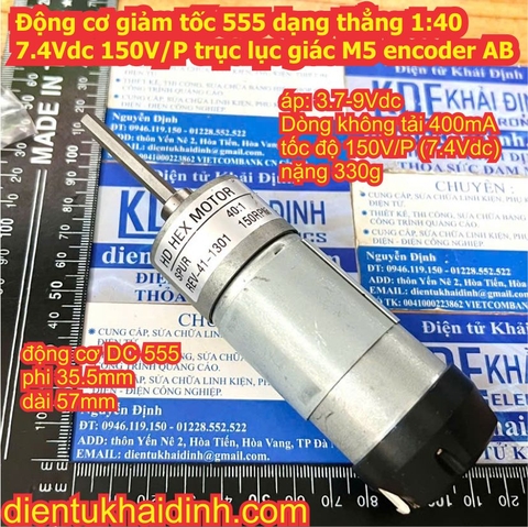 Động cơ giảm tốc 555 dạng thẳng 1:40 7.4Vdc 150V/P trục lục giác M5 encoder AB kde1013