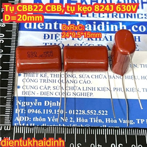 Tụ CBB22 CBB, tụ kẹo nâu đỏ 824J 630V, lớn D=20mm KDE1756