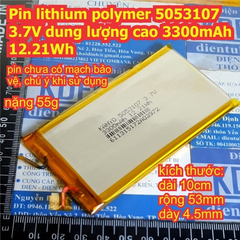 Pin lithium polymer 5053107 3.7V dung lượng cao 3300mAh 12.21Wh kde1768