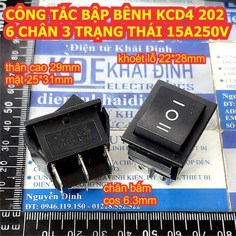 CÔNG TẮC BẬP BÊNH KCD4 202 6 CHÂN 3 / 2 TRẠNG THÁI 15A 250V lỗ 22x28mm ĐEN kde1948