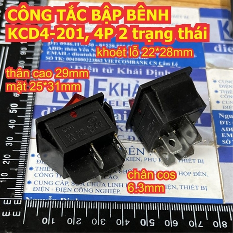 CÔNG TẮC BẬP BÊNH lớn KCD4 202 25x31mm 4 CHÂN 2 TRẠNG THÁI 16A 250V đèn báo màu xanh lá / đỏ kde1956