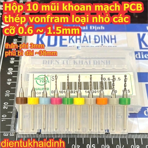 Hộp 10 mũi khoan mạch PCB thép vonfram loại nhỏ các cỡ 0.6 ~ 1.5mm 1.5 ~ 2.4mm 2.1 ~ 3mm kde1994