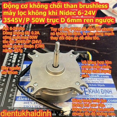 Động cơ không chổi than brushless chế quạt máy lọc không khí Nidec 6-24V 3545V/P 50W trục D 6mm ren ngược kde1995