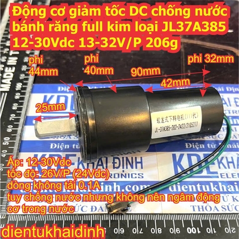 Động cơ giảm tốc DC chống nước bánh răng full kim loại JL37A385 12-30Vdc 13-32V/P 206g trục vuông 10mm kde2005
