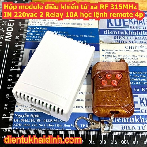 Hộp module điều khiển từ xa RF 315MHz IN 220vac 2 Relay 10A học lệnh, remote 4p KDE2097