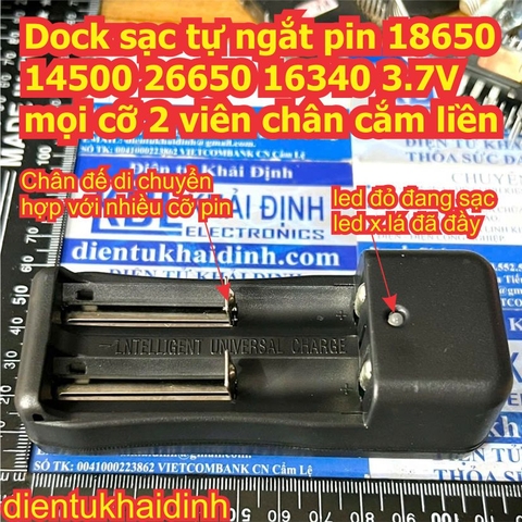 Dock sạc tự ngắt pin 18650 14500 26650 16340 3.7V mọi cỡ 2 viên chân cắm liền kde2579