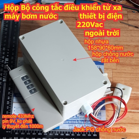 Bộ công tắc điều khiển từ xa máy bơm nước thiết bị điện 220Vac ngoài trời + remote 433mhz kde3076