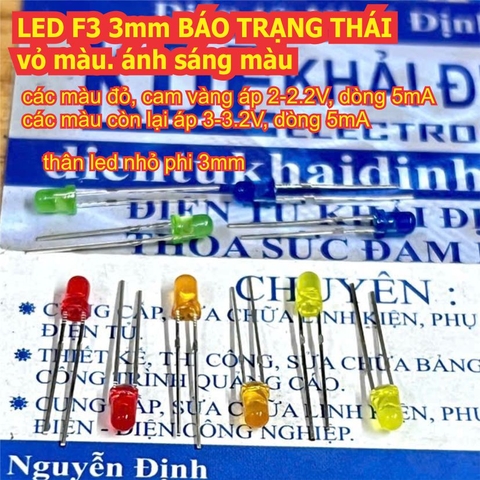 50 con LED F3 3mm BÁO TRẠNG THÁI vỏ màu. ánh sáng màu trắng/đỏ/cam/vàng/xanh lá/xanh dương kde3723