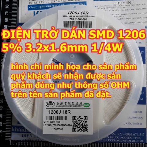 ĐIỆN TRỞ DÁN SMD 1206 5% 3.2x1.6mm 1/4W kde3831