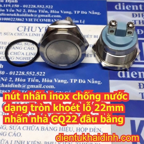 Nút nhấn inox chống nước, dạng tròn khoét lỗ 22mm, nút nhấn đề GQ22 đầu bằng phẳng kde4652