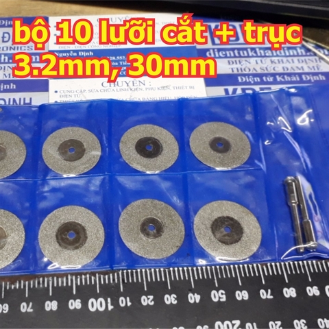 LƯỠI MÀI, CẮT 30mm, BỘ 10 CÁI + 2 ĐẦU GẮN ĐỘNG CƠ TRỤC 3.2mm kde5359