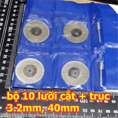LƯỠI MÀI, CẮT 40mm, BỘ 10 CÁI + 2 ĐẦU GẮN ĐỘNG CƠ TRỤC 3.2mm kde5360