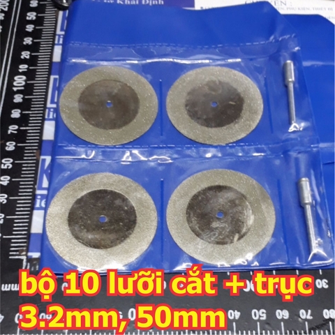 LƯỠI MÀI, CẮT 50mm, BỘ 10 CÁI + 2 ĐẦU GẮN ĐỘNG CƠ TRỤC 3.2mm kde5361