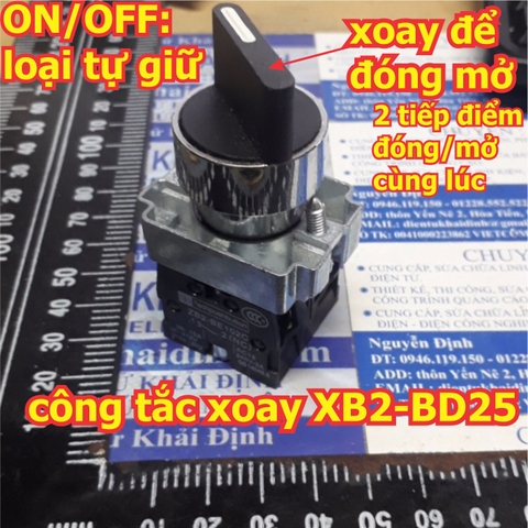 Công tắc xoay tủ điện ON/OFF, tự giữ 1 chiều, 1 thường mở, 1 thường đóng, phi 22mm, XB2-BD25 kde5616