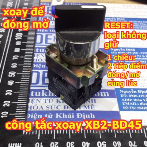 Công tắc xoay tủ điện RESET, không giữ, 1 chiều, 1 thường mở, 1 thường đóng, phi 22mm, XB2-BD45 kde5619