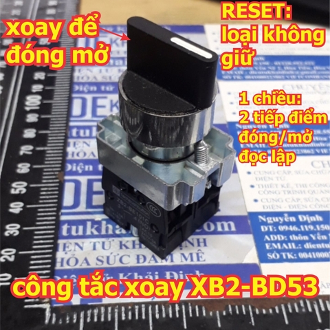 Công tắc xoay tủ điện RESET, không giữ, 2 chiều, 2 thường mở, phi 22mm, XB2-BD53 kde5620