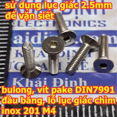 bulong bu lông vít pake DIN7991, đầu bằng, lỗ lục giác chìm inox 201 M4 các chiều dài 8mm ~ 40mm kde5743